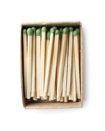 Photo of Cardboard box with matches on white background, top view