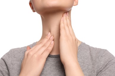Photo of Woman with sore throat on white background, closeup