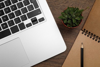 Modern laptop, notebook, pencil and houseplant on wooden table, flat lay