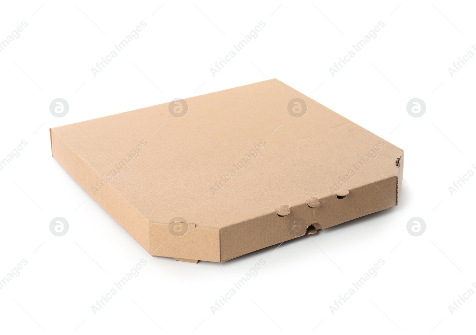 Photo of Pizza box isolated on white, mockup for design. Food delivery