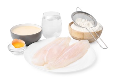 Photo of Cooking fish in soda water batter. Different ingredients isolated on white