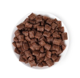 Photo of Chocolate cereal pads in bowl isolated on white, top view