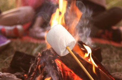 Image of Delicious puffy marshmallow roasting over bonfire outdoors