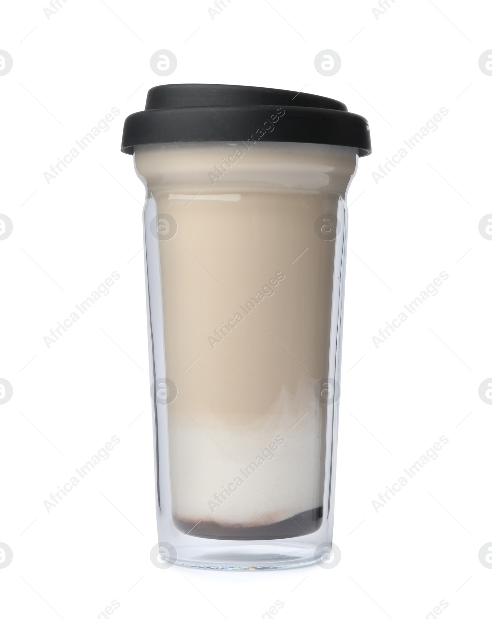 Photo of Hot coffee in reusable glass cup isolated on white