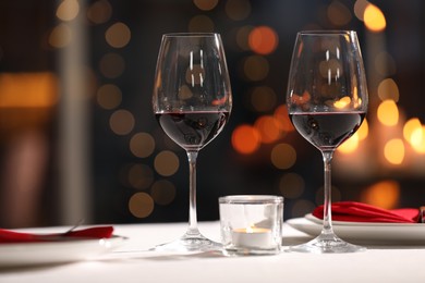Table setting for romantic dinner in restaurant