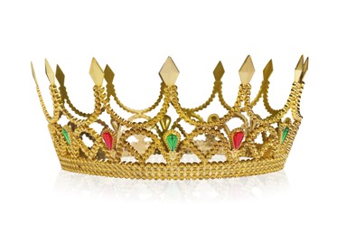 Photo of Beautiful gold crown with gems isolated on white