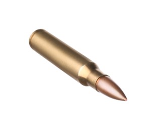 Photo of Rifle cartridge isolated on white. Firearm ammunition