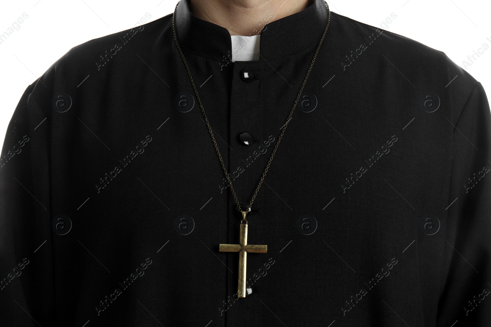 Photo of Priest with cross on white background, closeup