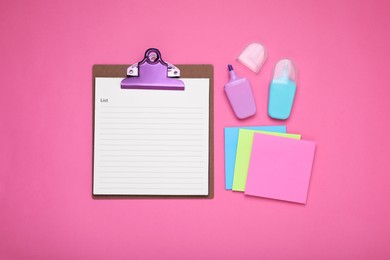 To do notes and stationery on pink background, flat lay with space for text. Planning concept