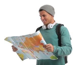 Photo of Man with map on white background. Autumn travel