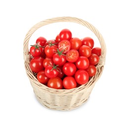 Photo of Wicker basket with fresh ripe cherry tomatoes isolated on white