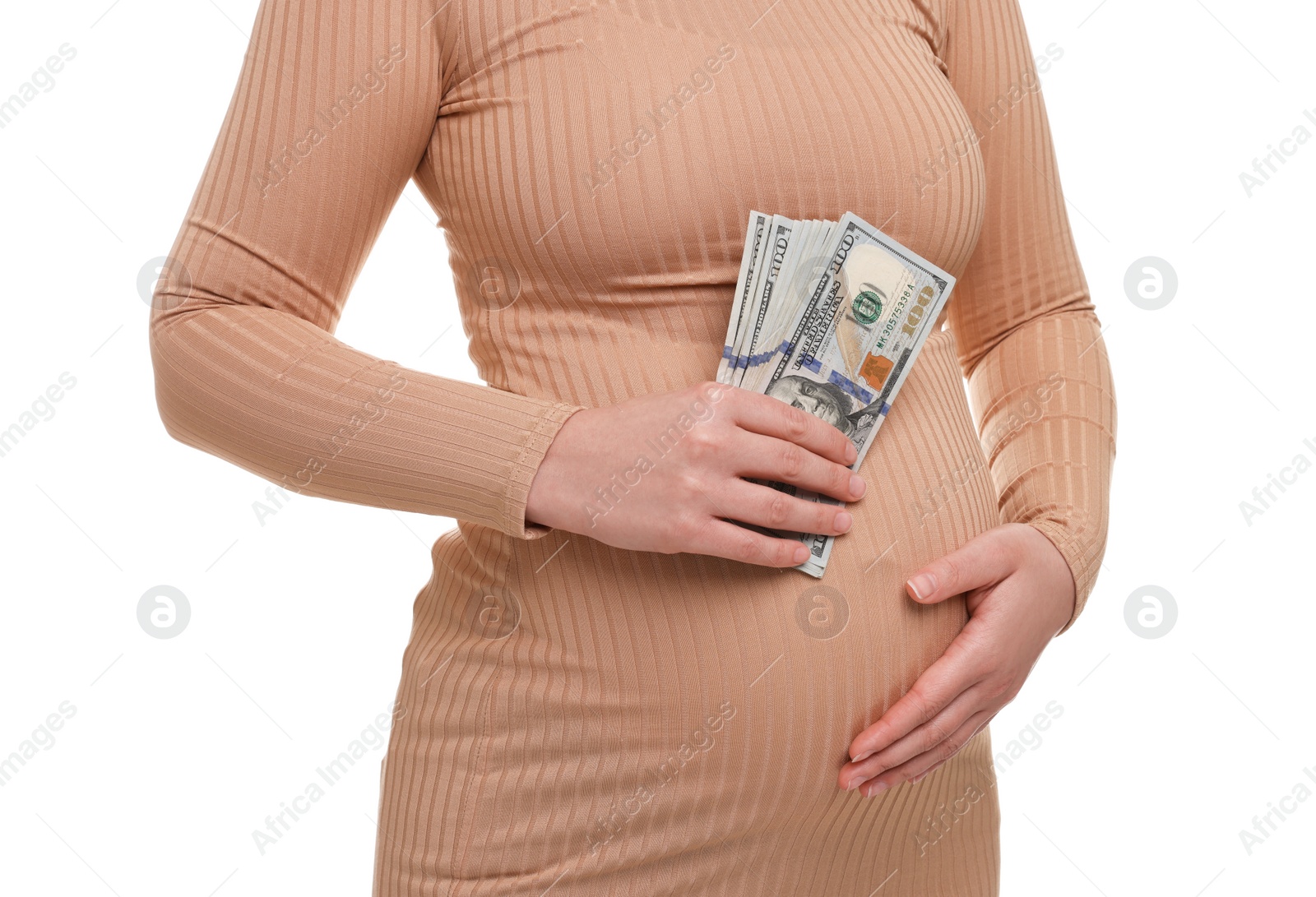 Photo of Surrogate mother. Pregnant woman with dollar banknotes on white background, closeup