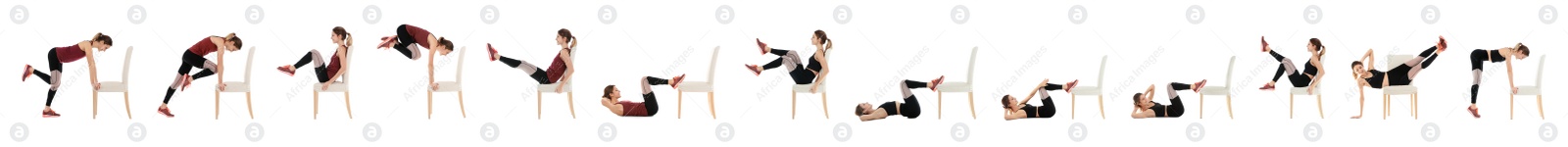 Image of Collage of young woman exercising with chair on white background. Banner design