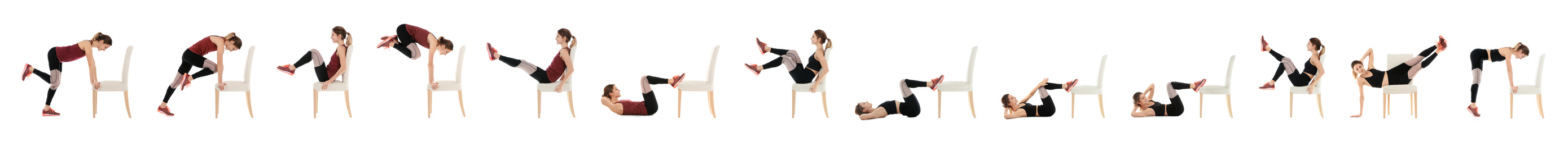 Collage of young woman exercising with chair on white background. Banner design
