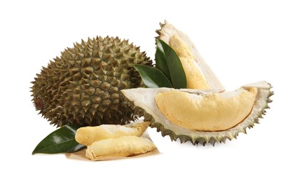 Cut and whole ripe durians on white background