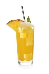 Photo of Tasty pineapple cocktail with ice cubes isolated on white