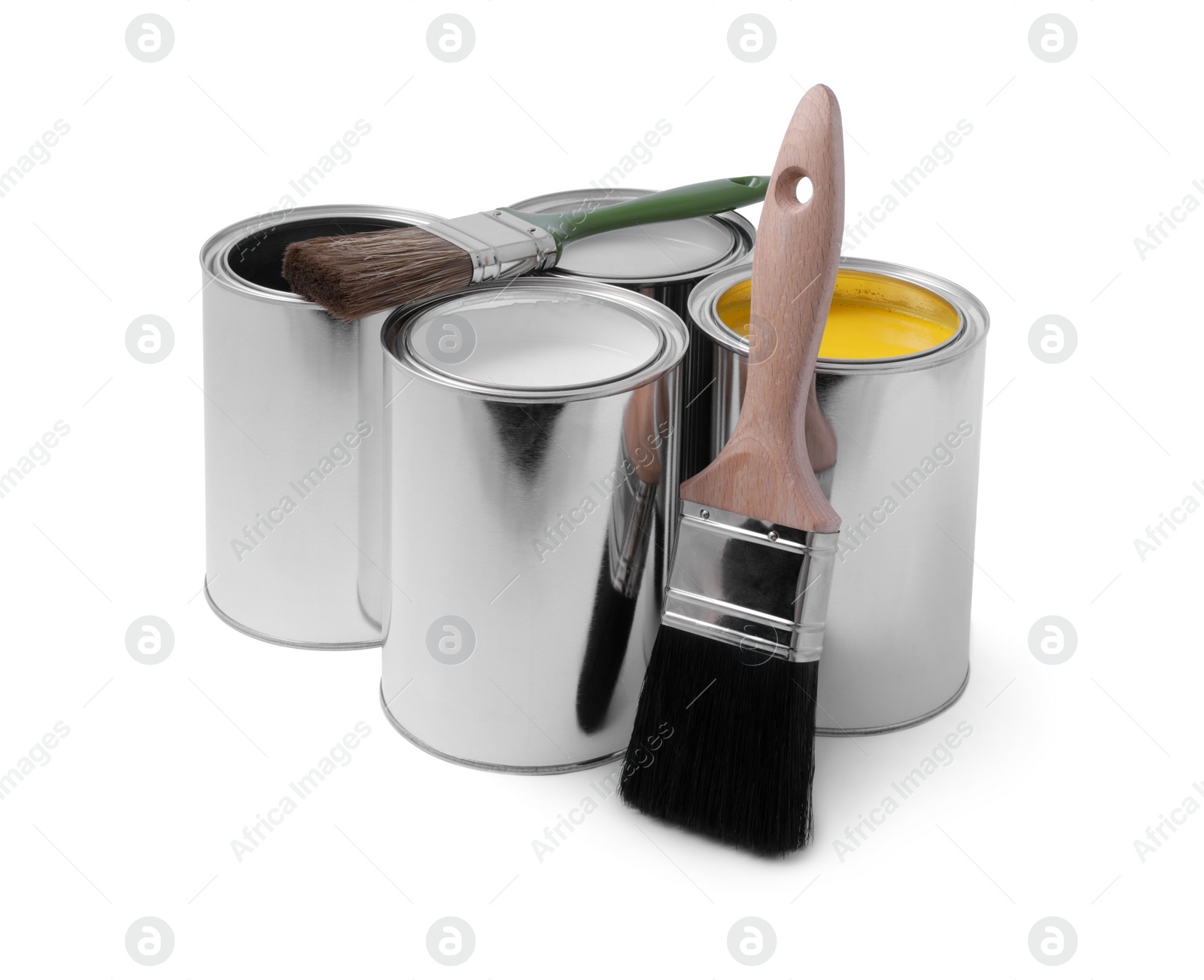 Photo of Cans with different paints and brushes on white background