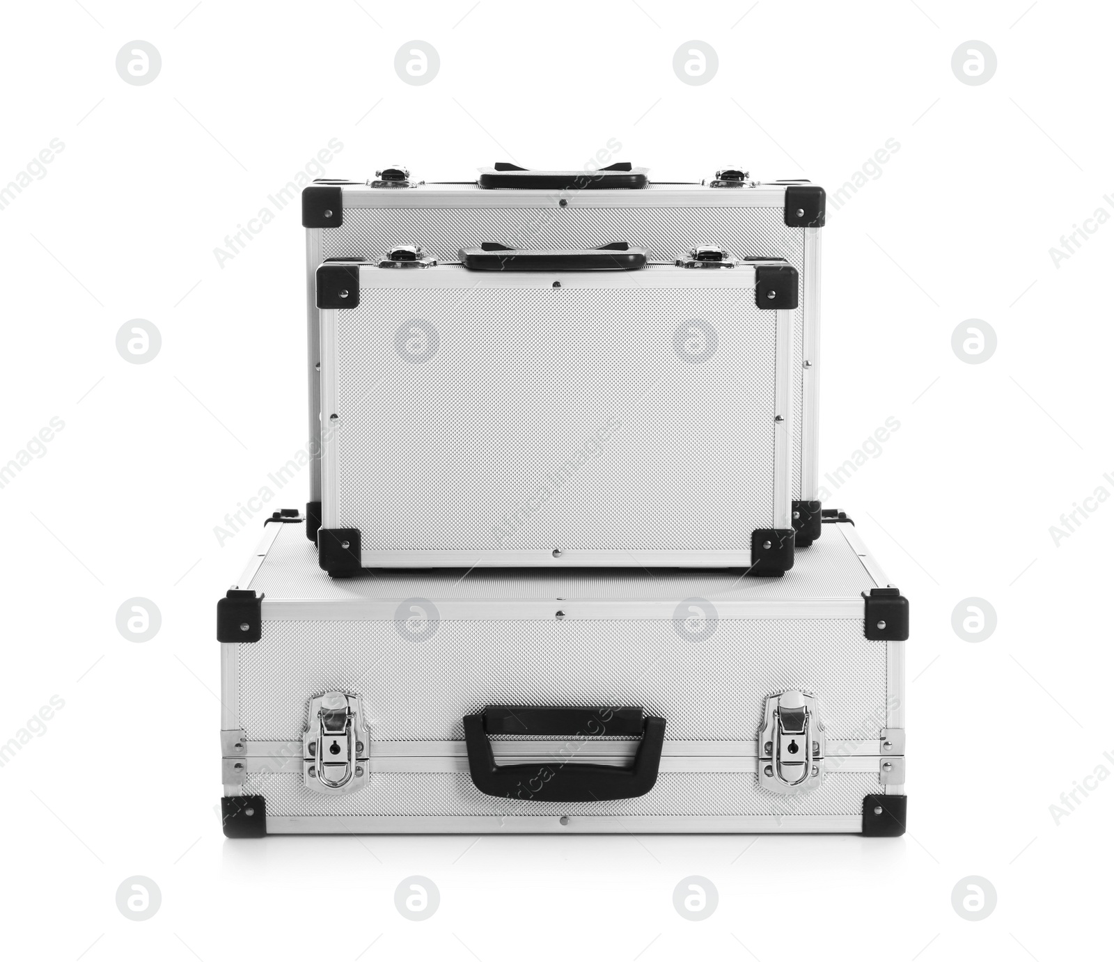 Photo of Set of modern suitcases on white background