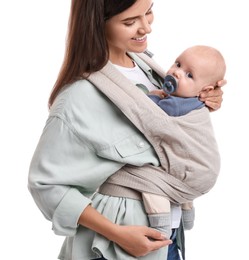 Mother holding her child in baby carrier on white background, closeup