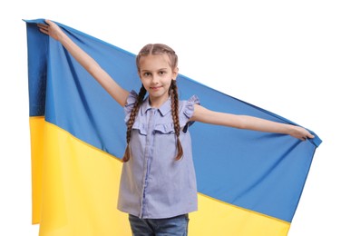 Happy girl with flag of Ukraine on white background