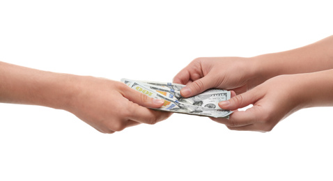 Photo of Woman giving money on white background, closeup