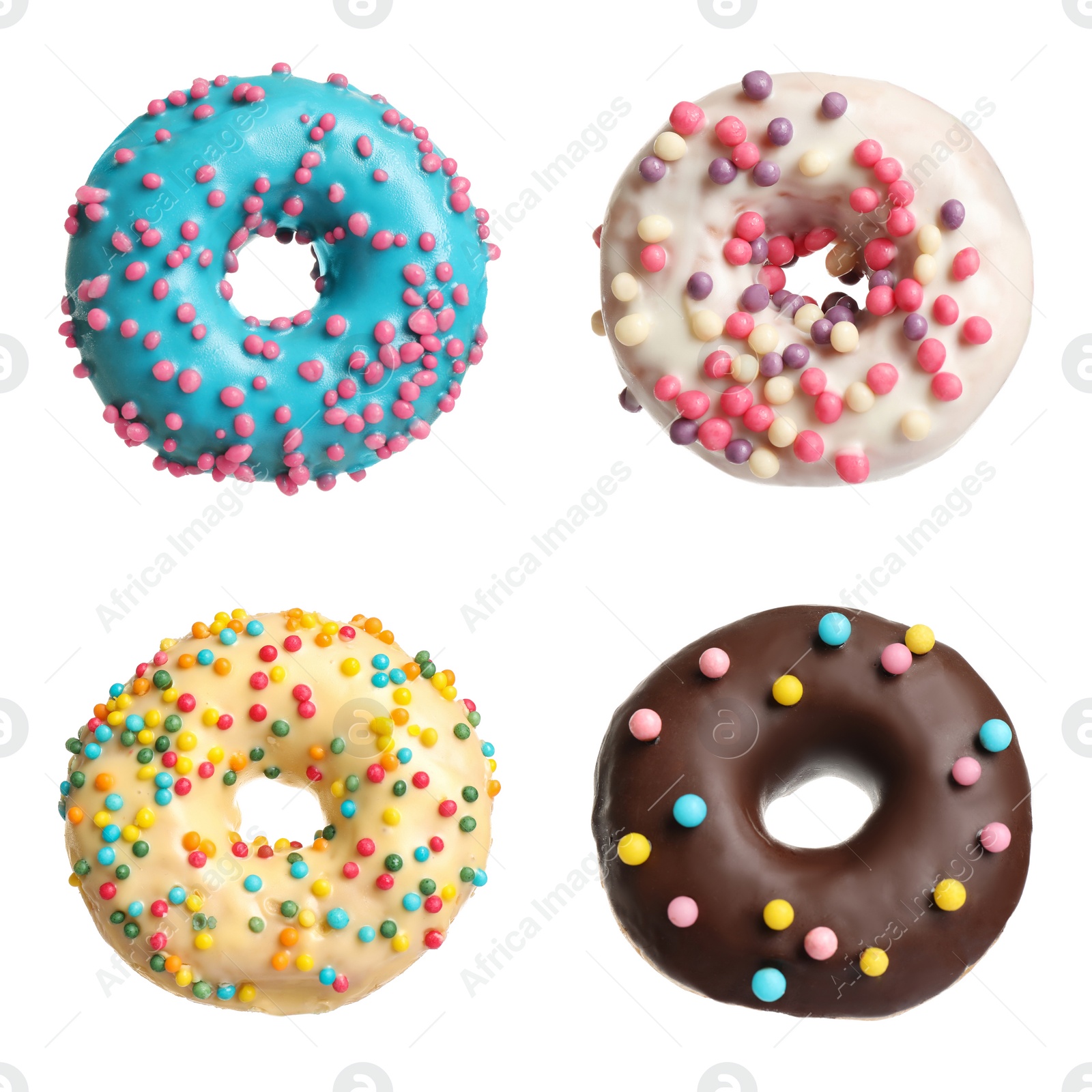 Image of Set with delicious glazed donuts on white background