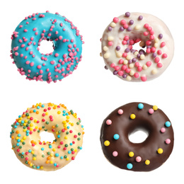 Image of Set with delicious glazed donuts on white background
