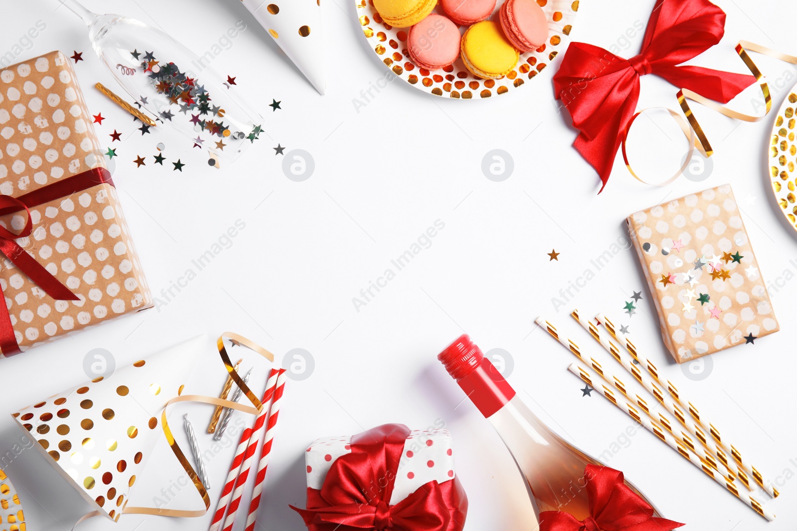 Photo of Creative flat lay composition with bottle of champagne and space for text on white background