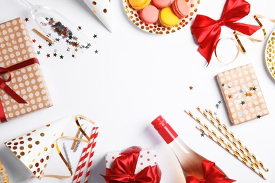 Photo of Creative flat lay composition with bottle of champagne and space for text on white background