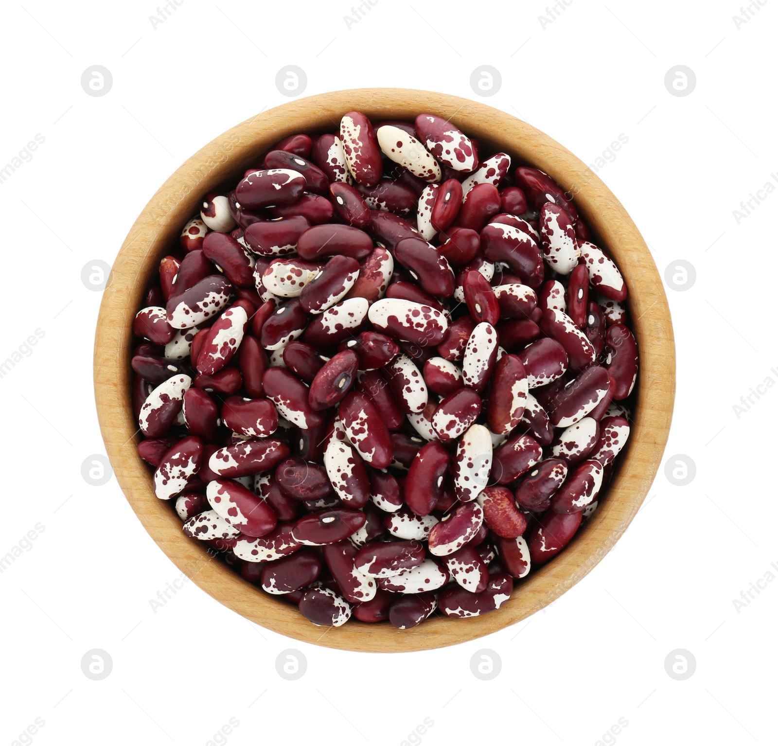 Photo of Bowl with dry kidney beans isolated on white, top view