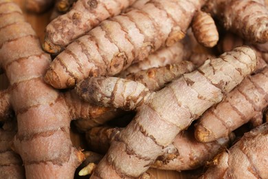 Photo of Many whole turmeric roots as background, closeup