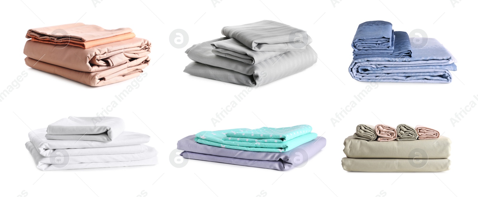 Image of Set with stacks of clean bed linen on white background. Banner design