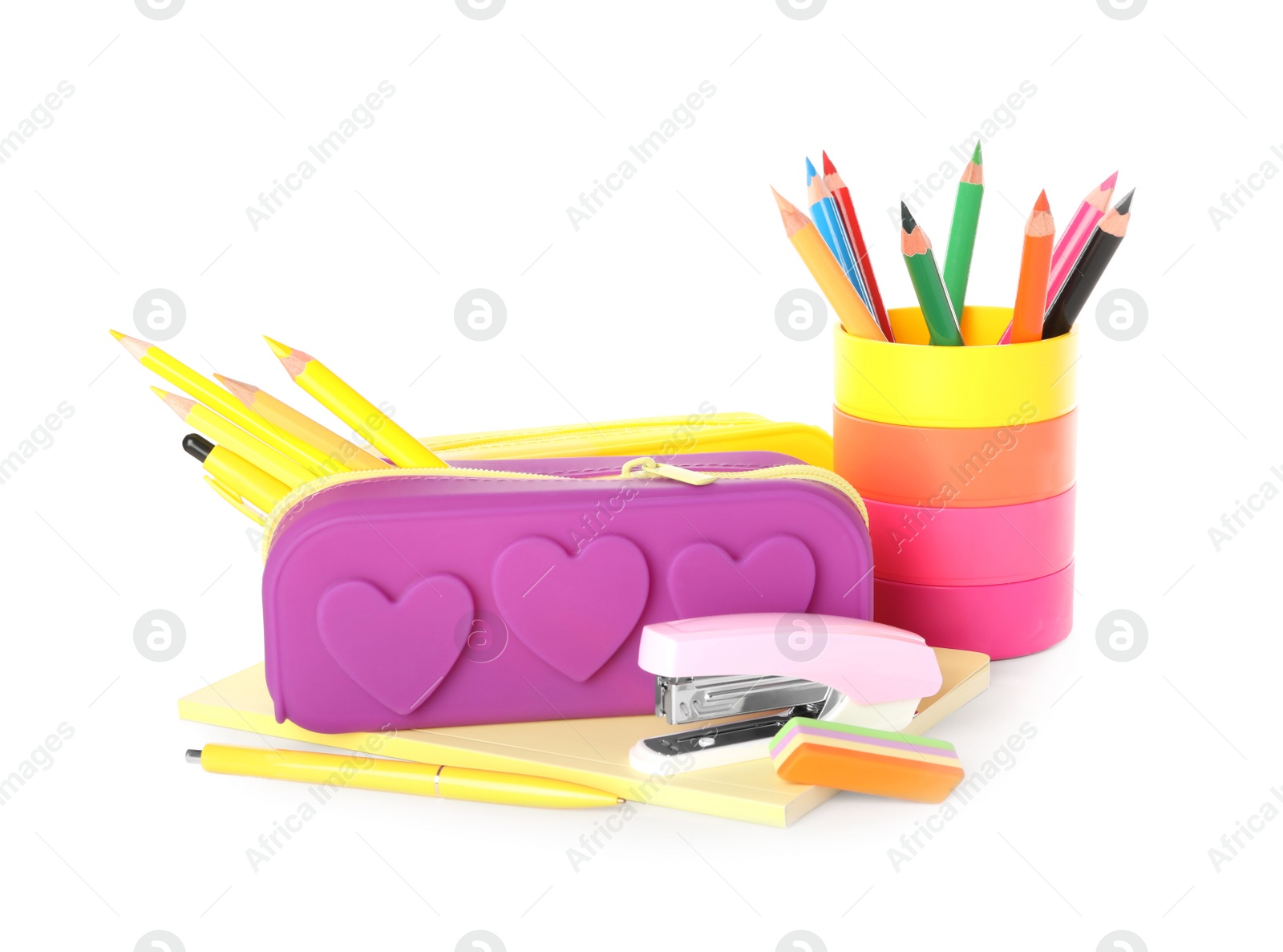 Photo of Set of colorful school stationery on white background