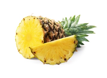 Photo of Tasty raw pineapple with slices on white background