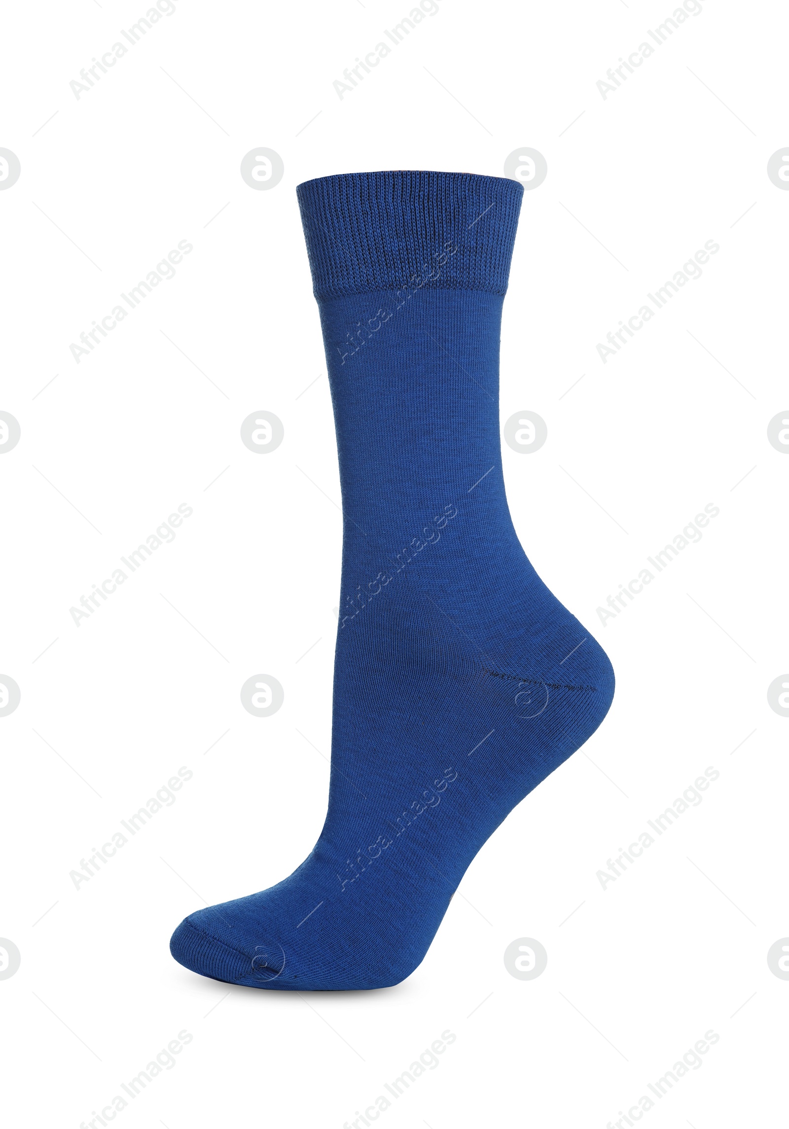 Photo of One bright blue sock on white background