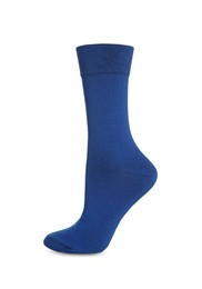 Photo of One bright blue sock on white background