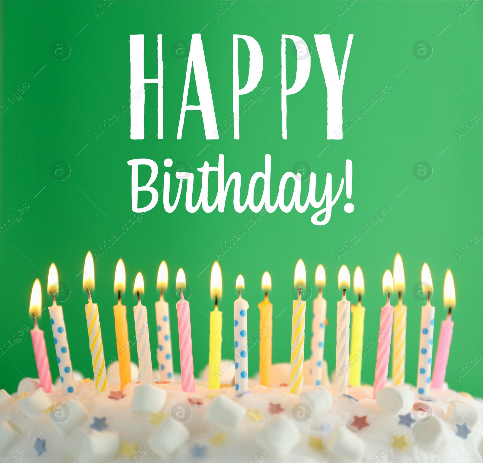 Image of Happy Birthday! Delicious cake with burning candles on green background 