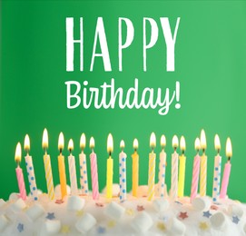 Image of Happy Birthday! Delicious cake with burning candles on green background 