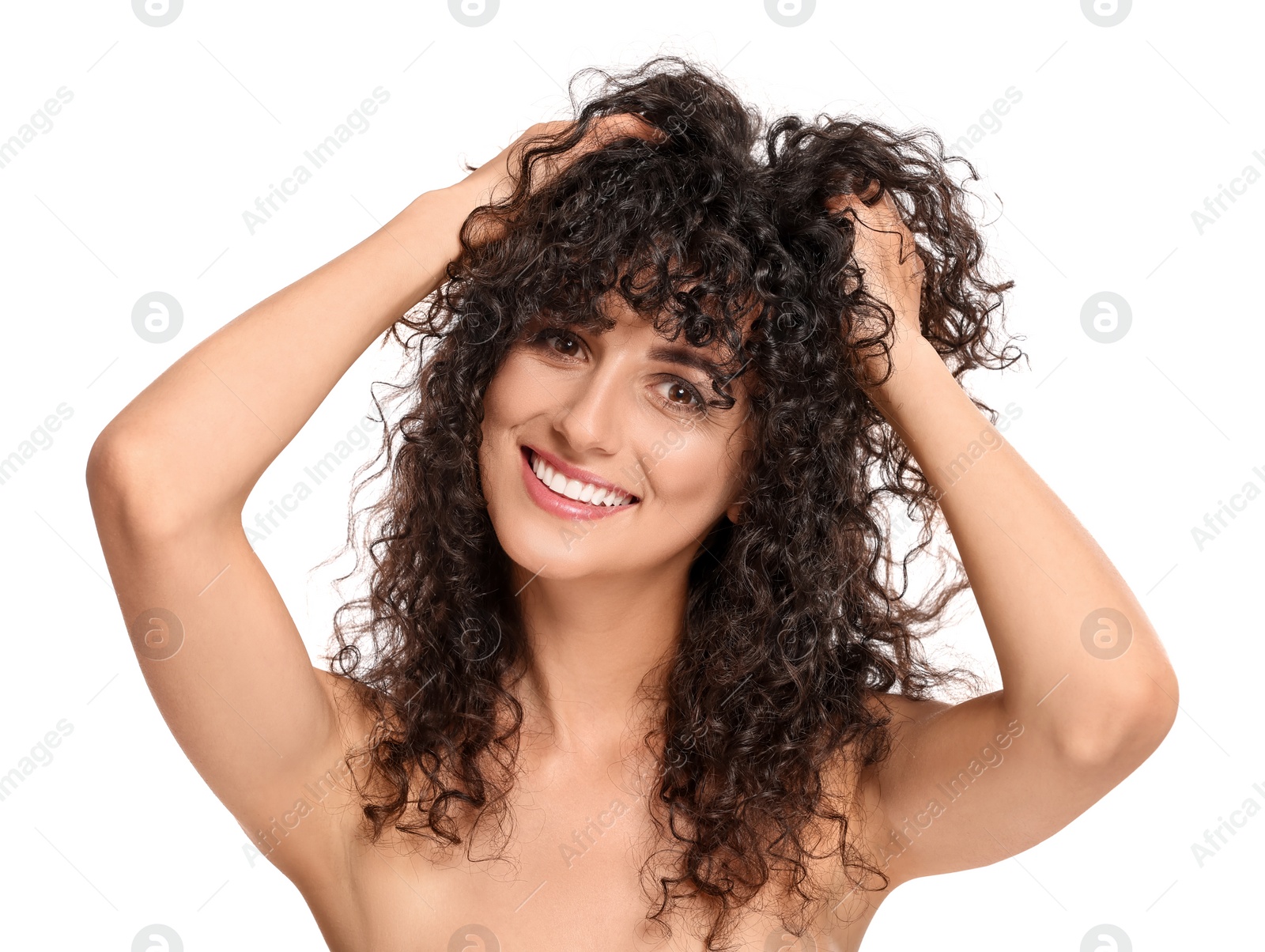 Photo of Beautiful young woman with long curly hair on white background