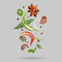 Image of Different spices falling on light grey background