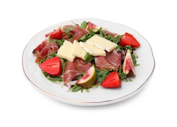 Photo of Tasty salad with brie cheese, prosciutto, strawberries and figs isolated on white