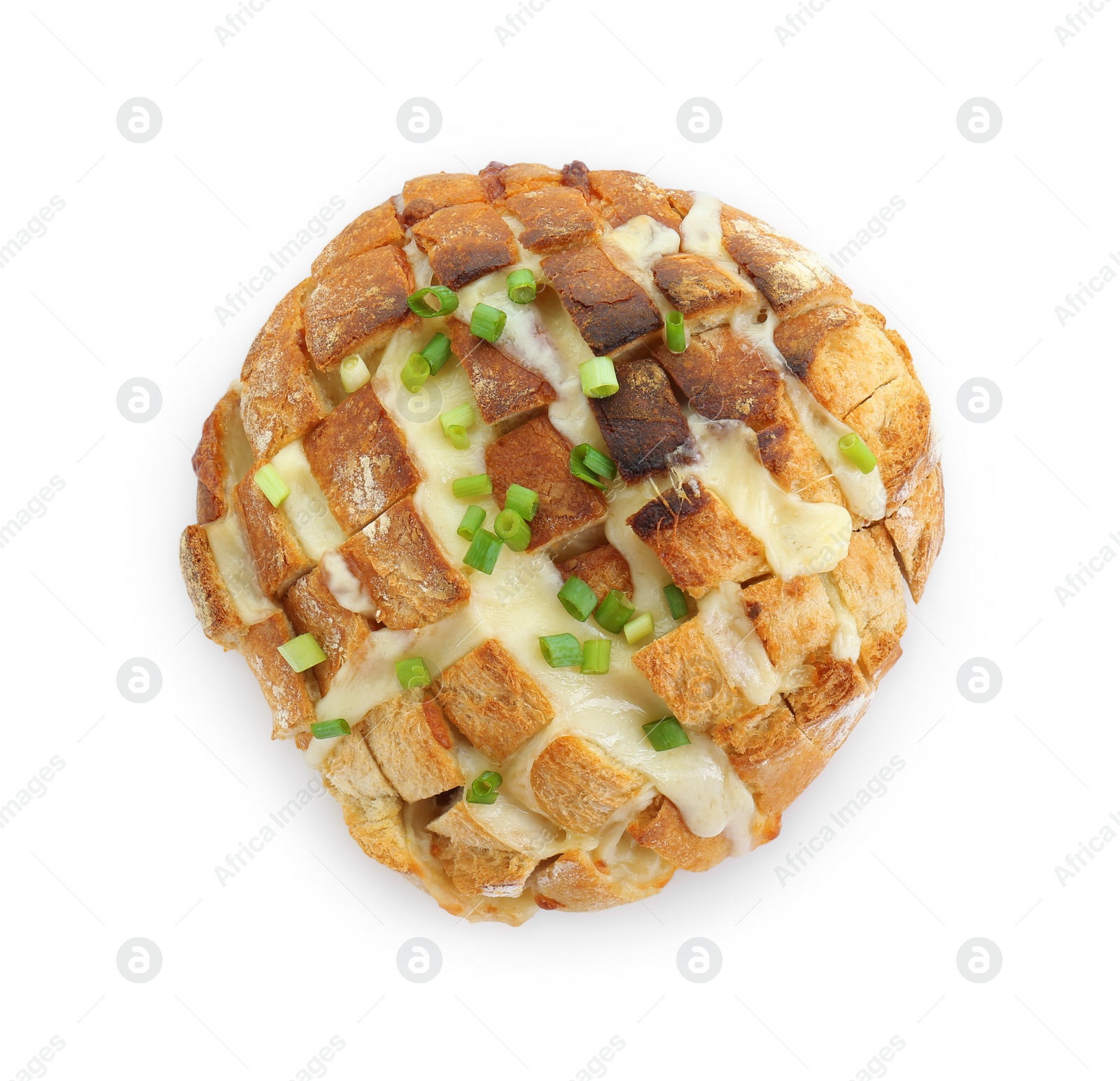 Photo of Delicious bread with tofu cheese and green onions isolated on white, top view