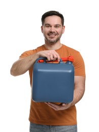 Man holding blue canister on white background