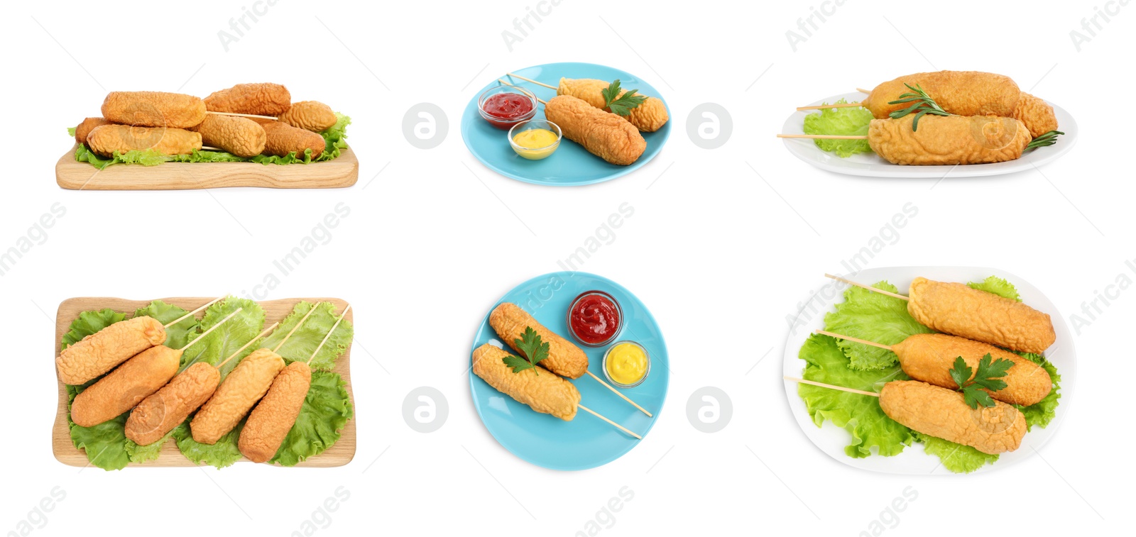 Image of Set with delicious deep fried corn dogs on white background. Banner design 