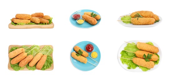 Set with delicious deep fried corn dogs on white background. Banner design 