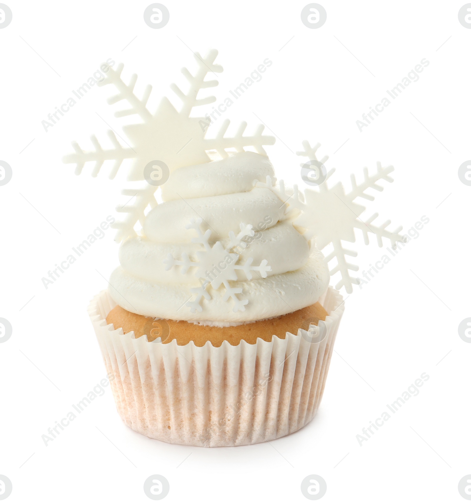 Photo of Tasty Christmas cupcake with snowflakes isolated on white