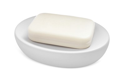 Photo of Holder with soap bar on white background