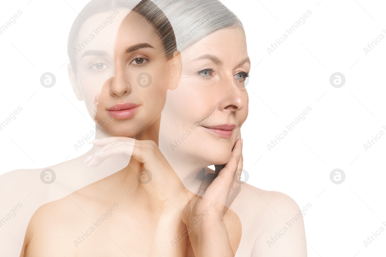 Image of Double exposure of beautiful women on white background