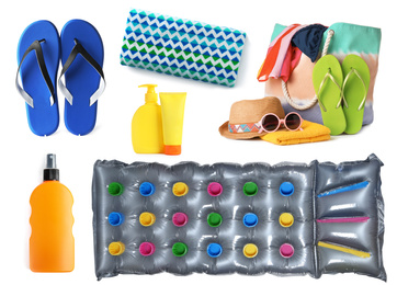 Image of Set of different stylish beach objects on white background
