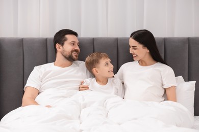 Photo of Happy pregnant woman with her son and husband in bed at home
